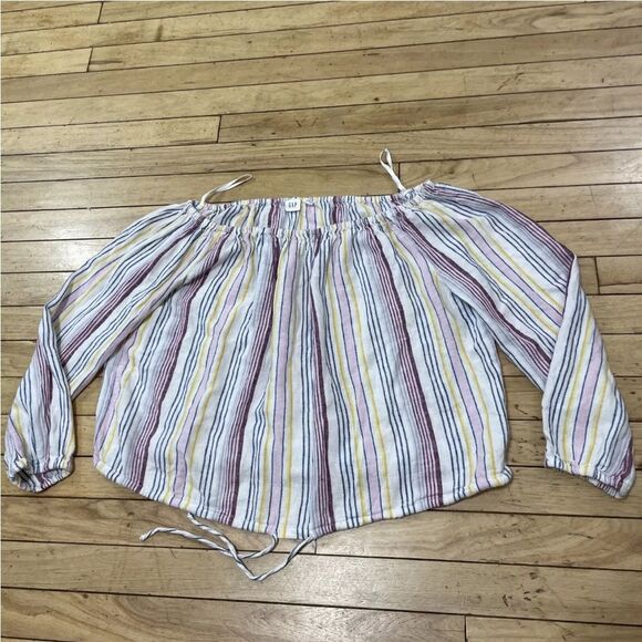 GAP Linen OTS Over The Shoulder Multi Stripe Womens S Retro 90s Coastal Casual S - Picture 9 of 12